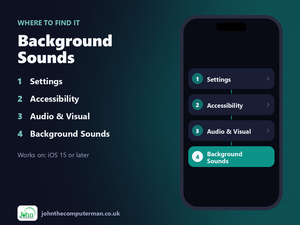 Where to find Background Sounds on iPhone: Settings > Accessibility > Audio & Visual > Background Sounds