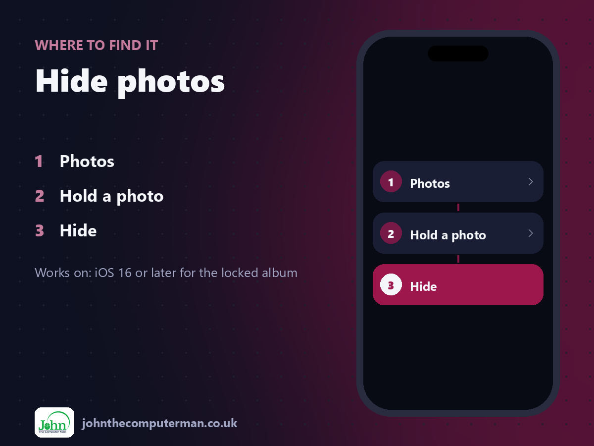 Where to find Hide photos on iPhone: Photos > Hold a photo > Hide
